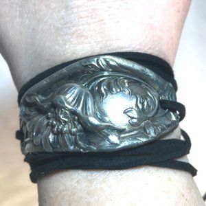 Antique Silver Yoga Cuff Tie Wrap Bracelet Rustic Victorian Floral Suede